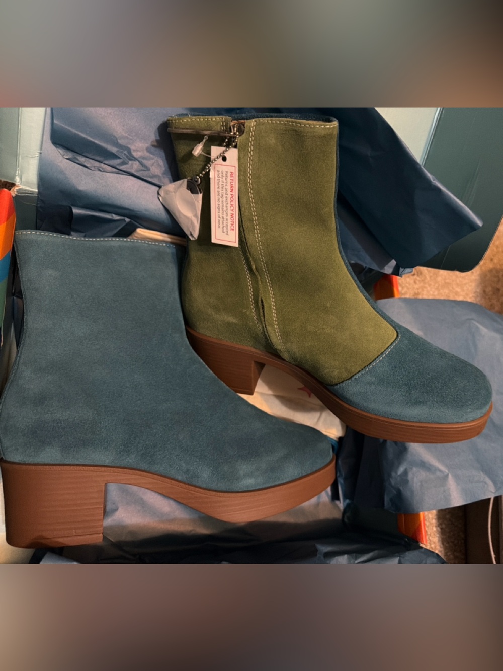 Lazo siren suede boots 7.5 womens 6 mens Labradorite Blue and verdite green